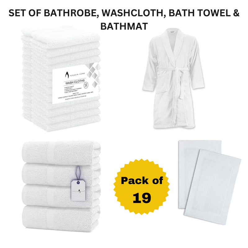 Set of 19 - Bathrobe, Bath Mat, Washcloth, and Bath Towels - Ultimate Bath Essentials Bundle