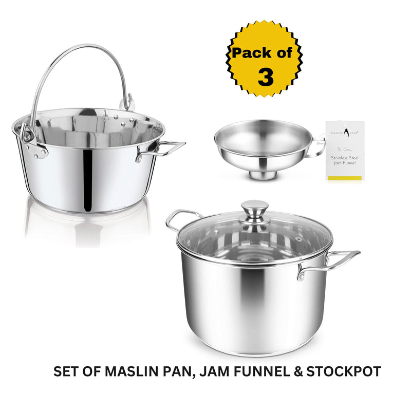 Premium Stainless Steel Cookware Set of 3 - Maslin Pan , Jam Funnel and Stock Pot