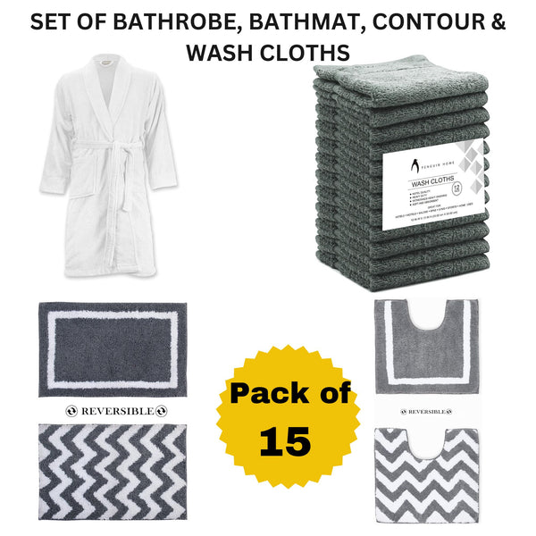 Ultimate Bathroom Comfort Set of 15: Face Towel, Bathmat, Contour and Bathrobe.